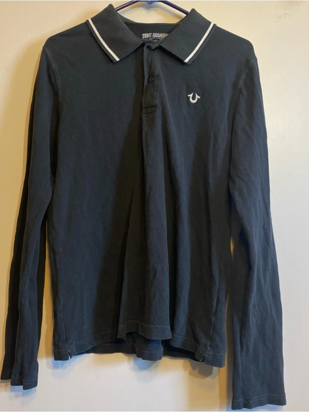 True Religion Long Sleeve Polo Shirt Men's Medium Black‎ Casual Cotton